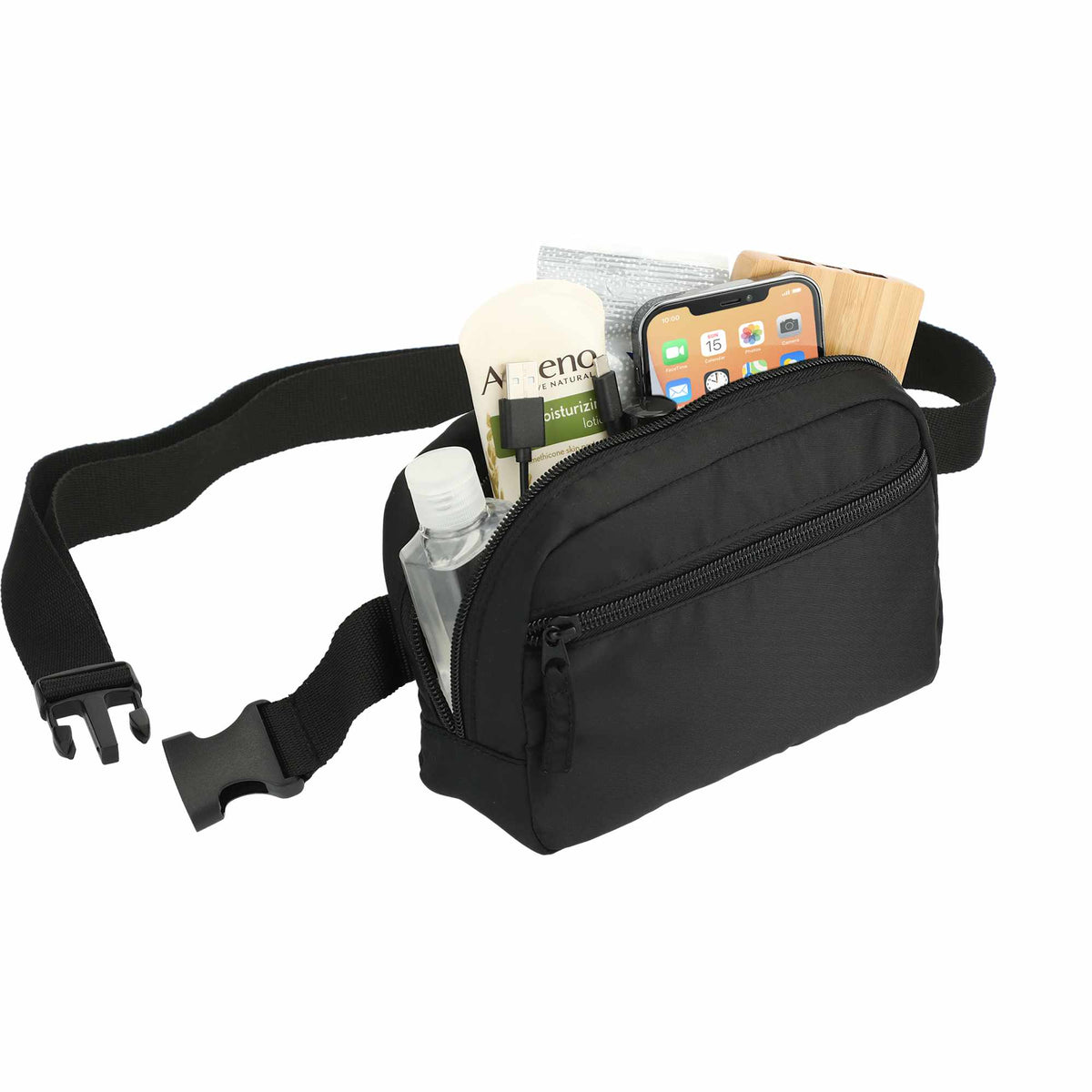 Sport Fanny Pack with Three Zip Compartments, Recycled - Black - Right Angle 4