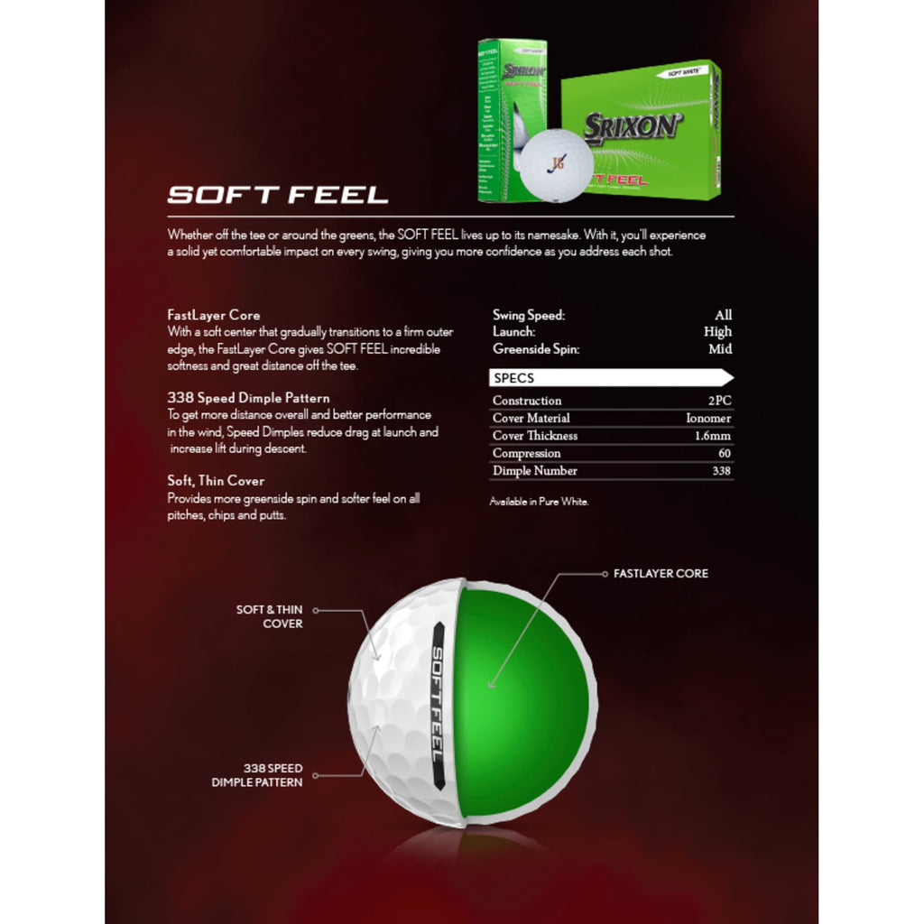 Srixon Soft Feel Low Compression Golf Balls, 3 Pack Full Color - White - Spec