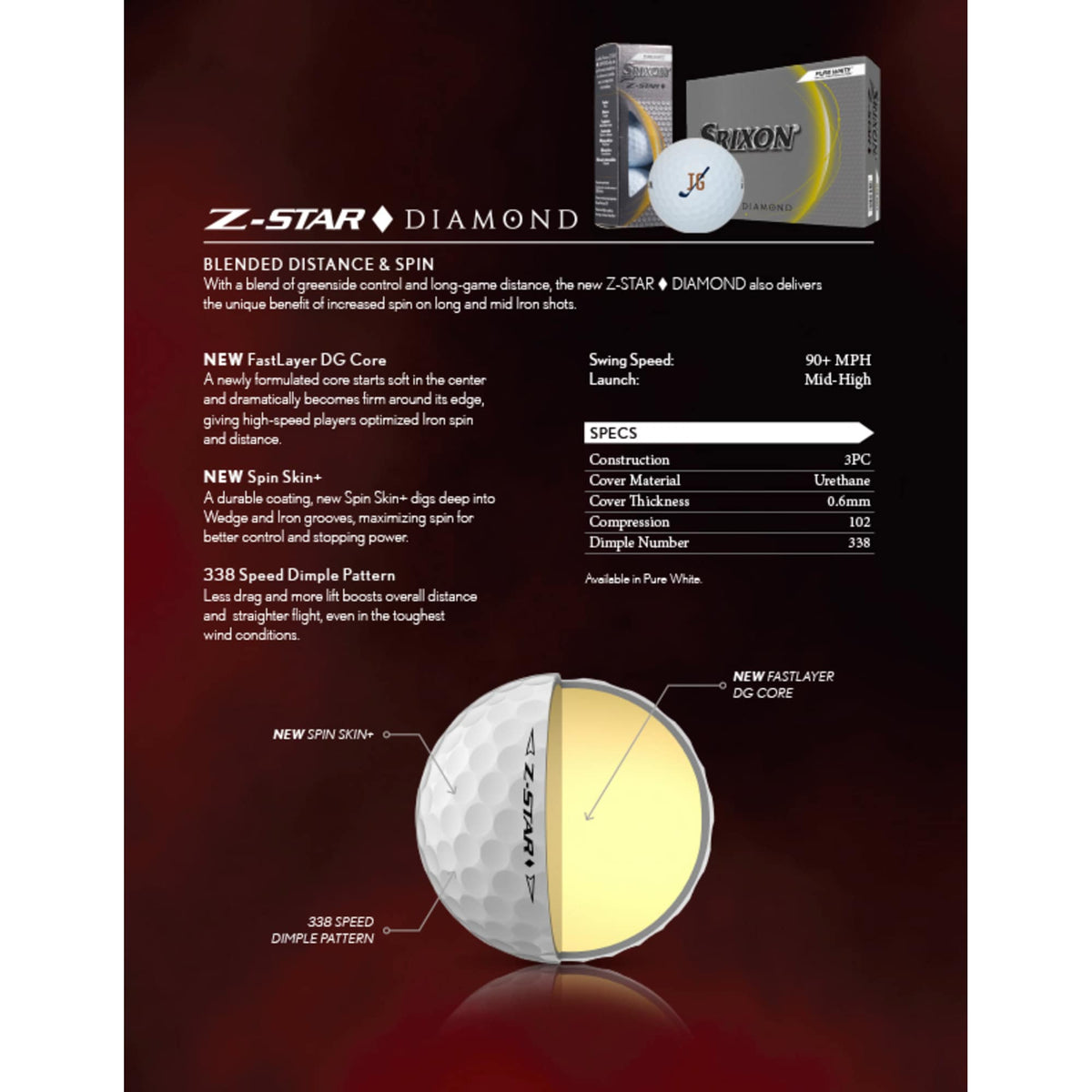 Srixon Z-Star Diamond Tour Golf Balls, 3 Pack Full Color - White - Spec