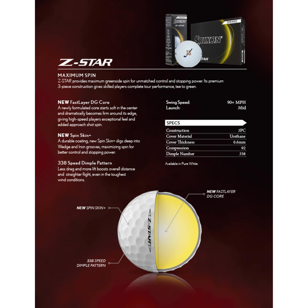 Srixon Z-Star Tour Golf Balls with High Greenside Spin, 3 Pack Full Color - White - Spec