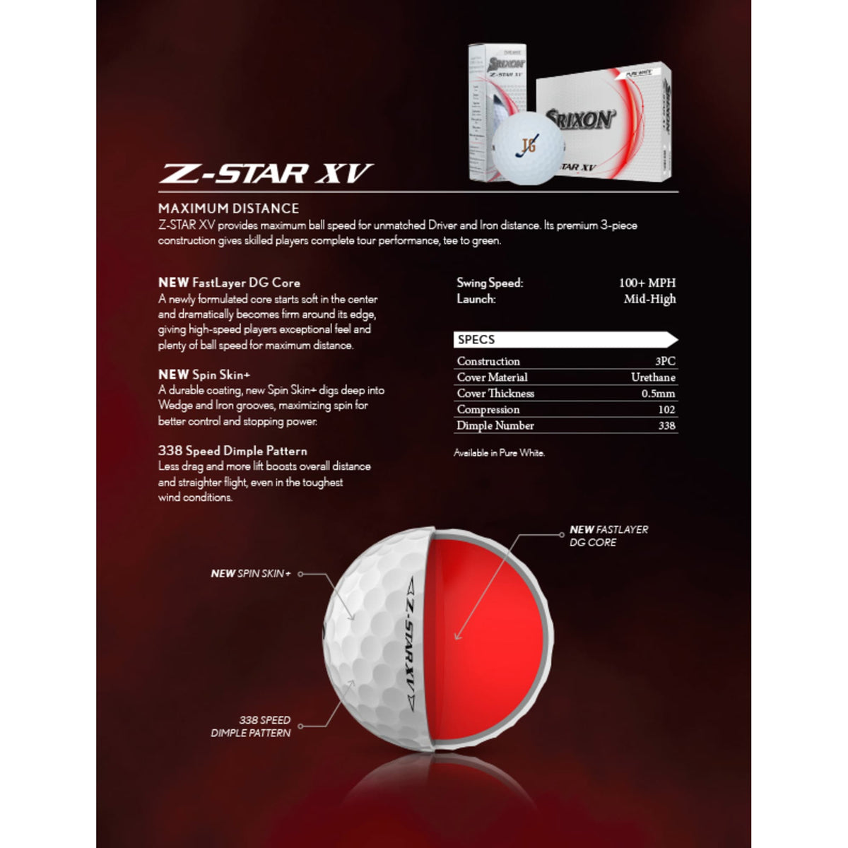 Srixon Z-Star XV Tour Golf Balls for Maximum Ball Speed, 3 Pack Full Color - White - Spec