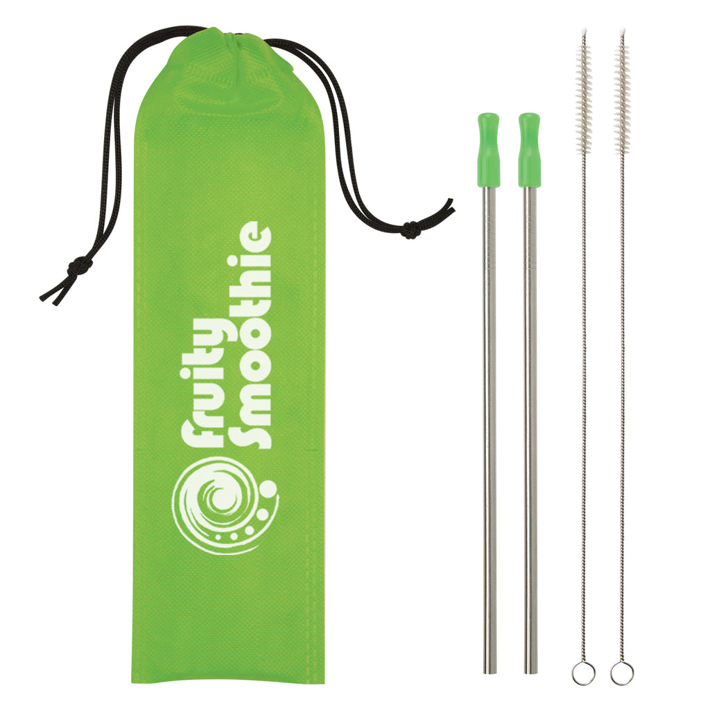 Stainless Steel Straw Kit, Two Pack - Lime Green - Silk Screen