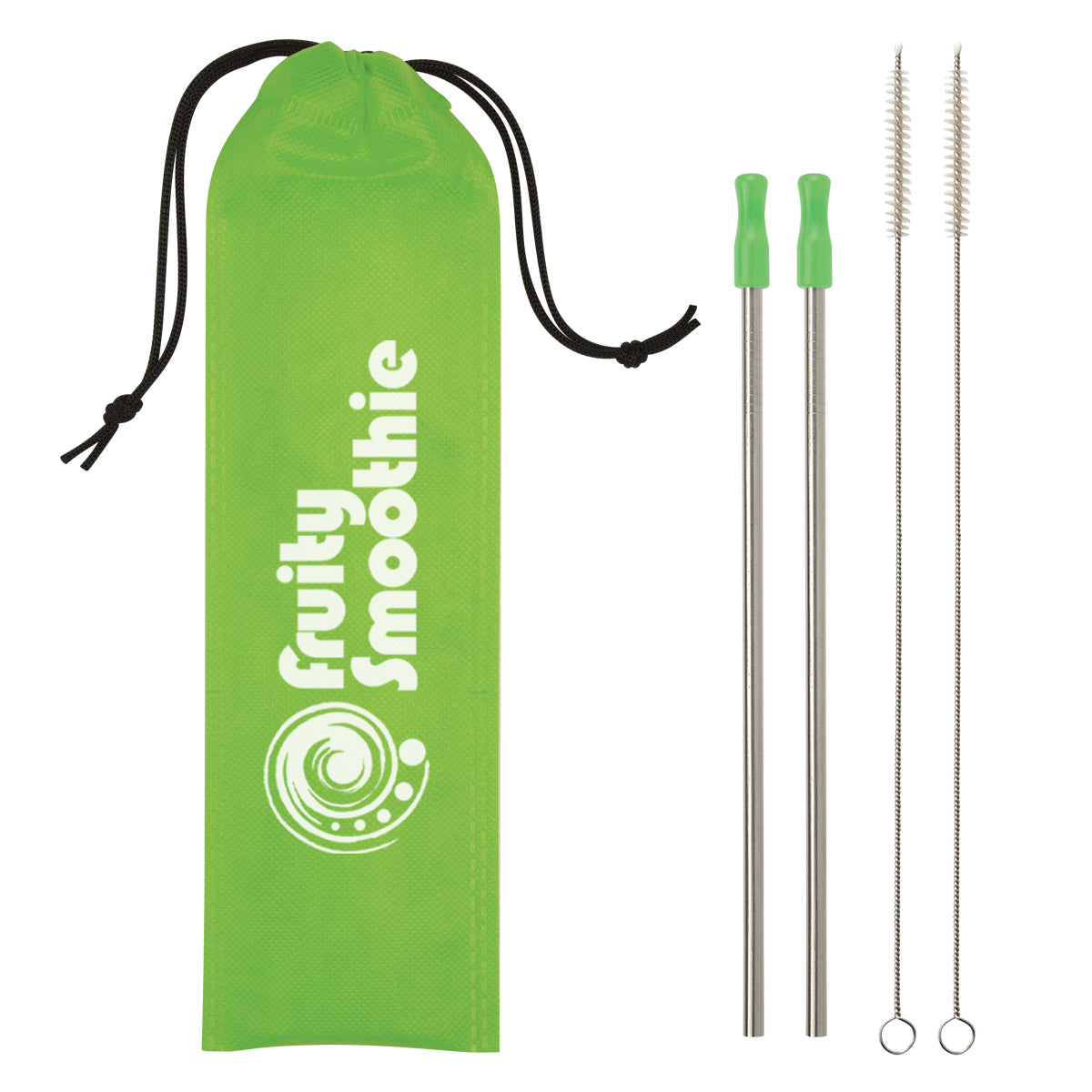 Stainless Steel Straw Kit, Two Pack - Lime Green - Silk Screen