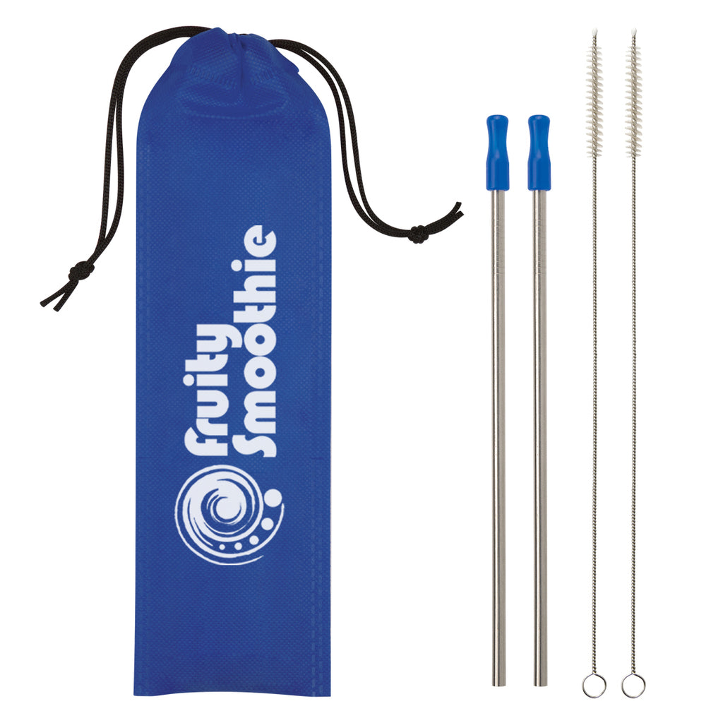 Stainless Steel Straw Kit, Two Pack - Royal Blue - Silk Screen
