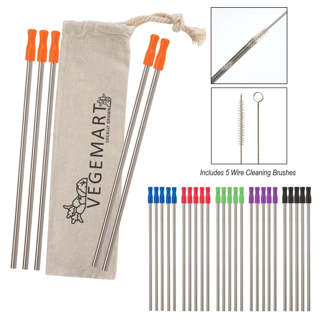 Stainless Steel Straw Kit with Cotton Pouch, Five Pack - 5-Pack Stainless Straw Kit with Cotton Pouch
