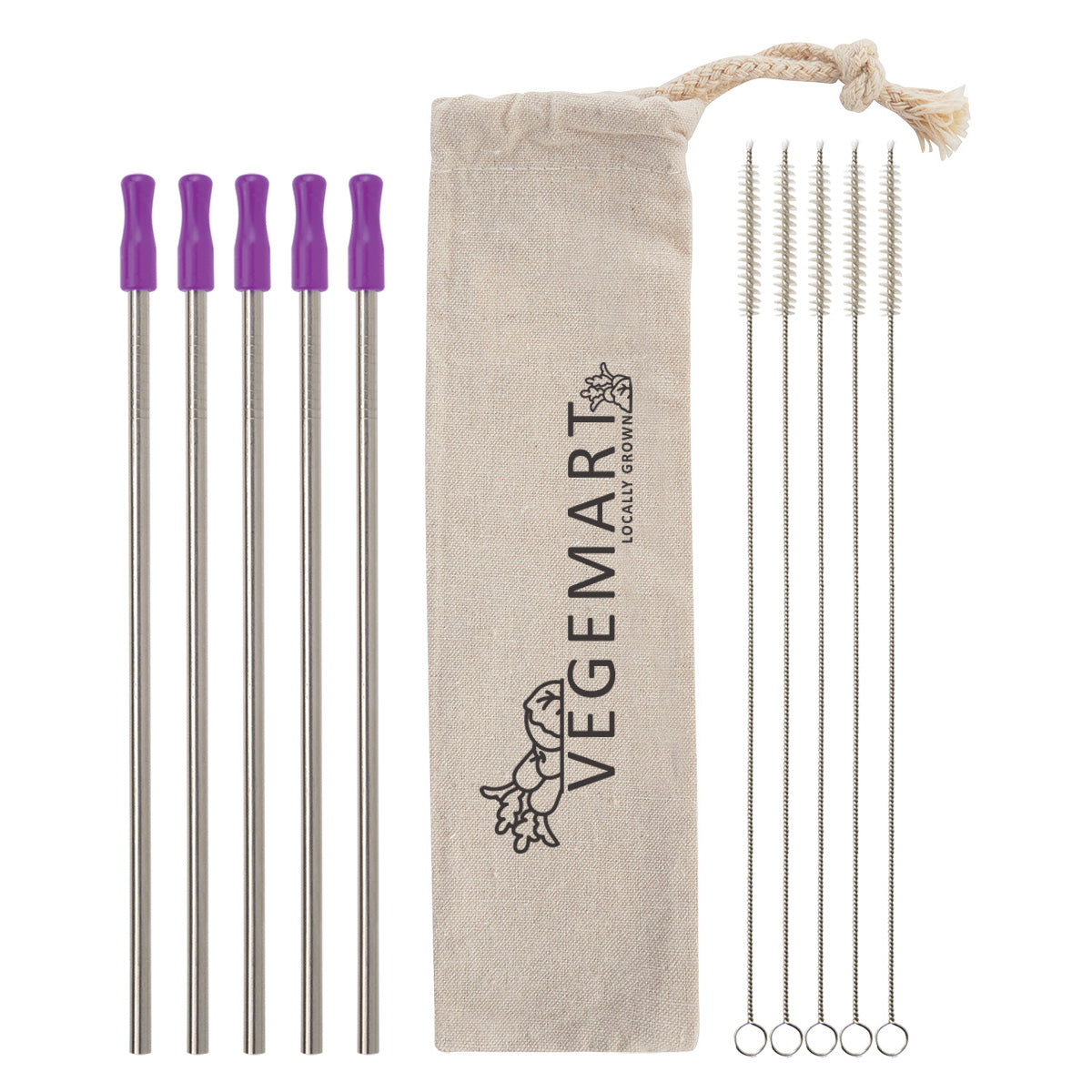 Stainless Steel Straw Kit with Cotton Pouch, Five Pack - Purple - Silk Screen