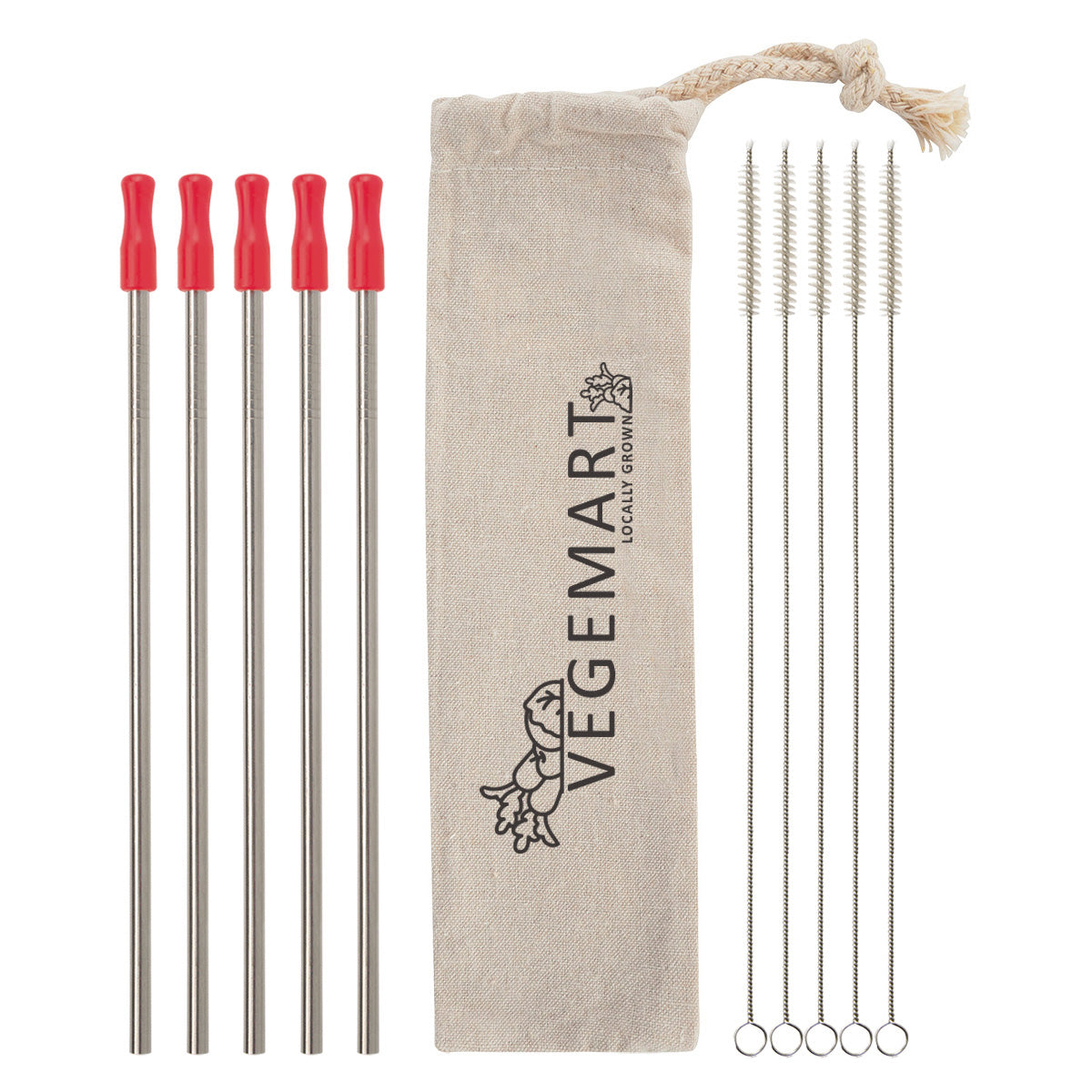 Stainless Steel Straw Kit with Cotton Pouch, Five Pack - Red Silicone Tip - Silk Screen