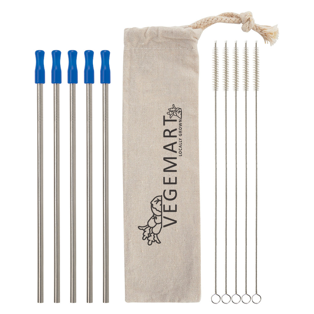 Stainless Steel Straw Kit with Cotton Pouch, Five Pack - Royal Blue - Silk Screen