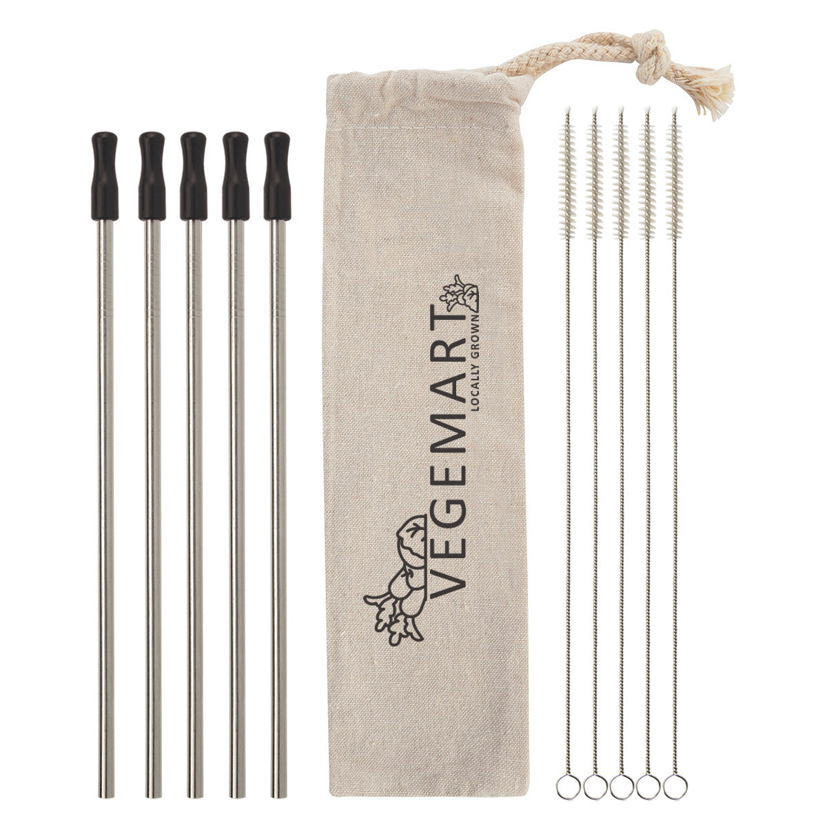 Stainless Steel Straw Kit with Cotton Pouch, Five Pack - Silk Screen