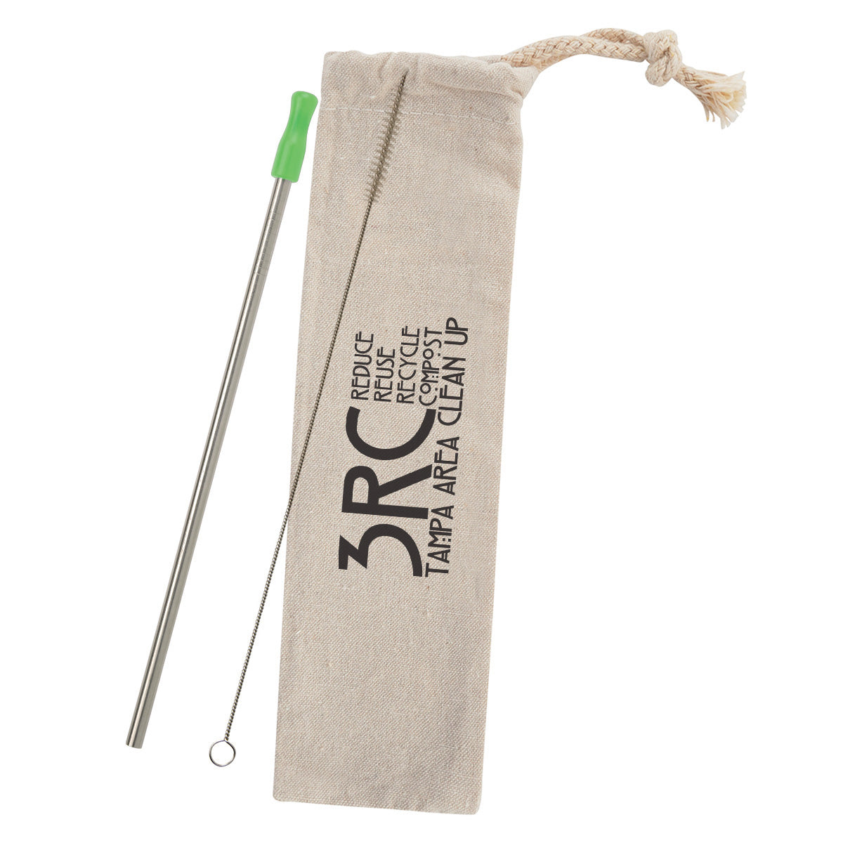 Stainless Steel Straw Kit with Cotton Pouch - Lime Green - Silk Screen