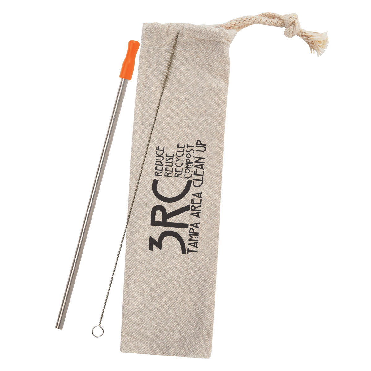 Stainless Steel Straw Kit with Cotton Pouch - Orange - Silk Screen