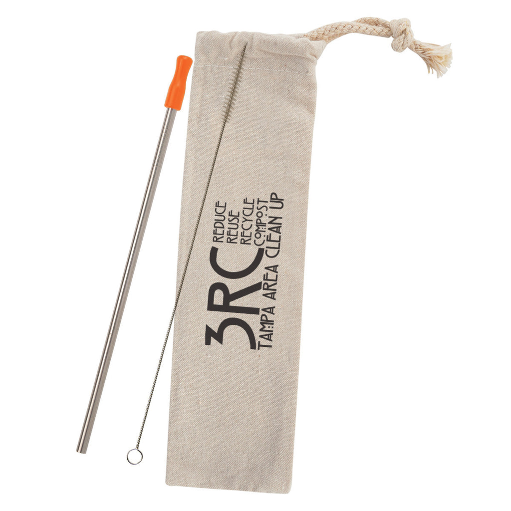 Stainless Steel Straw Kit with Cotton Pouch - Orange - Silk Screen