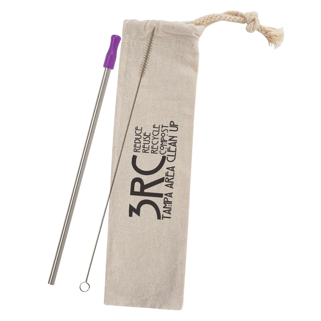 Stainless Steel Straw Kit with Cotton Pouch - Purple - Silk Screen