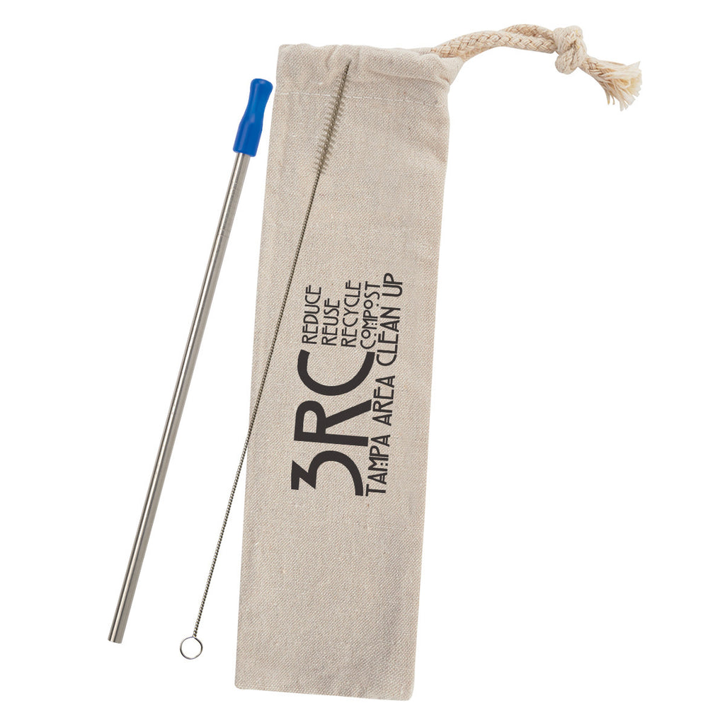 Stainless Steel Straw Kit with Cotton Pouch - Royal Blue - Silk Screen