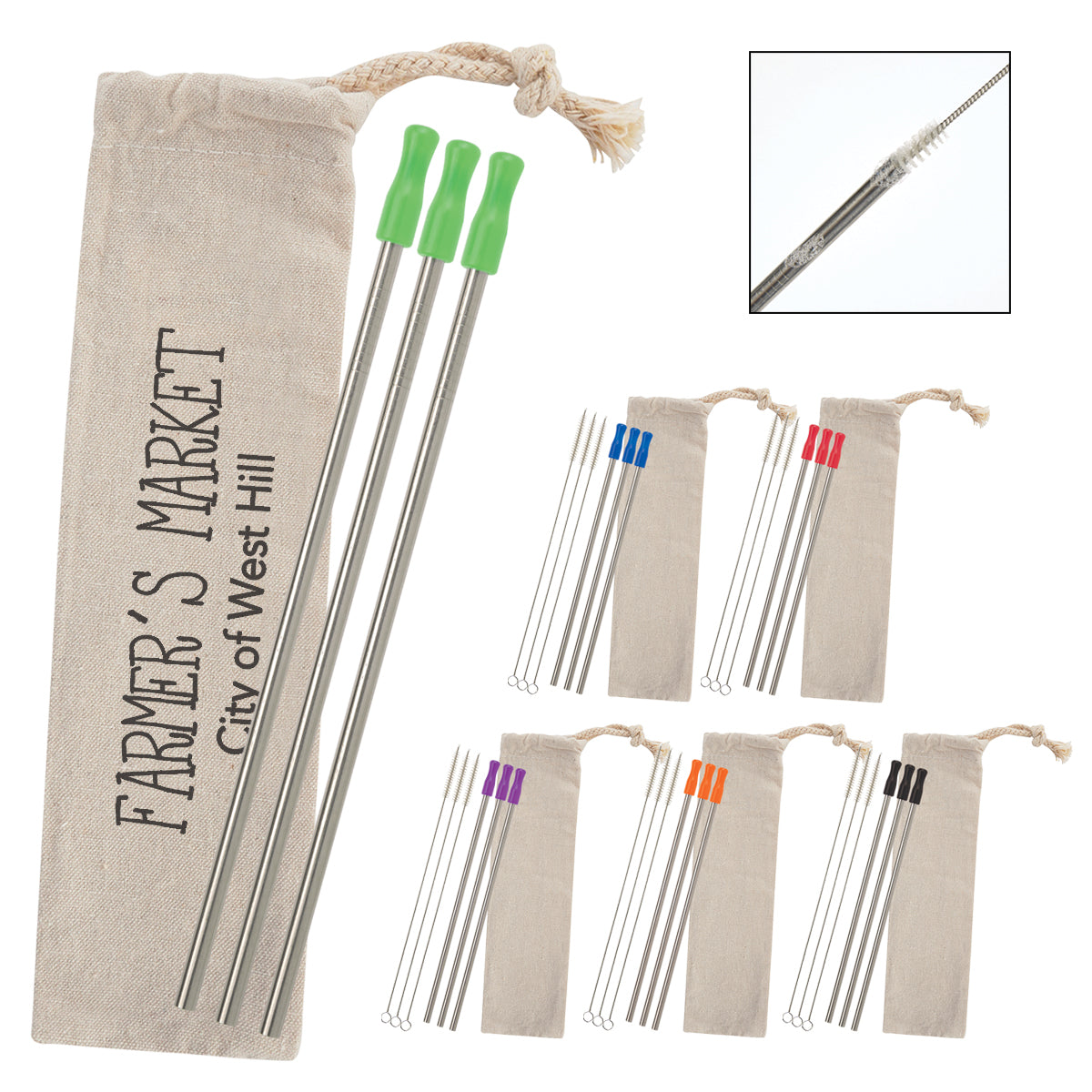 Stainless Steel Straw Kit with Cotton Pouch, Three Pack - 3-Pack Stainless Straw Kit with Cotton Pouch
