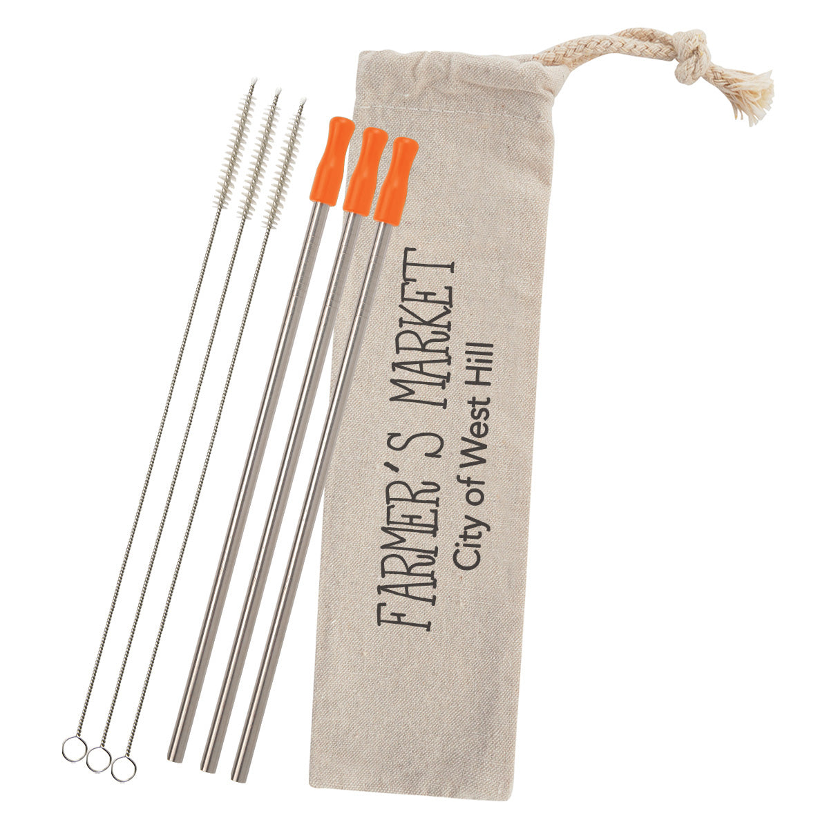 Stainless Steel Straw Kit with Cotton Pouch, Three Pack - Orange - Silk Screen