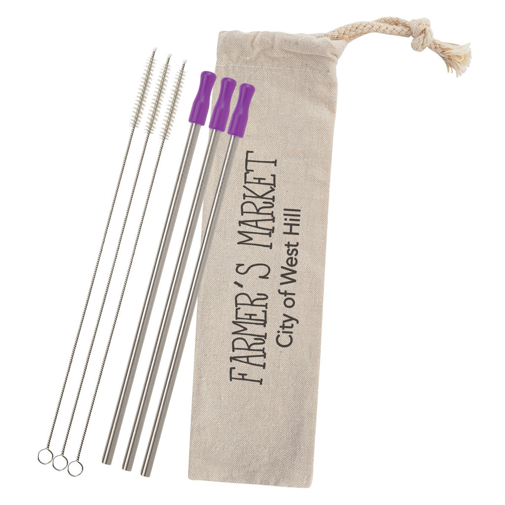 Stainless Steel Straw Kit with Cotton Pouch, Three Pack - Purple - Silk Screen