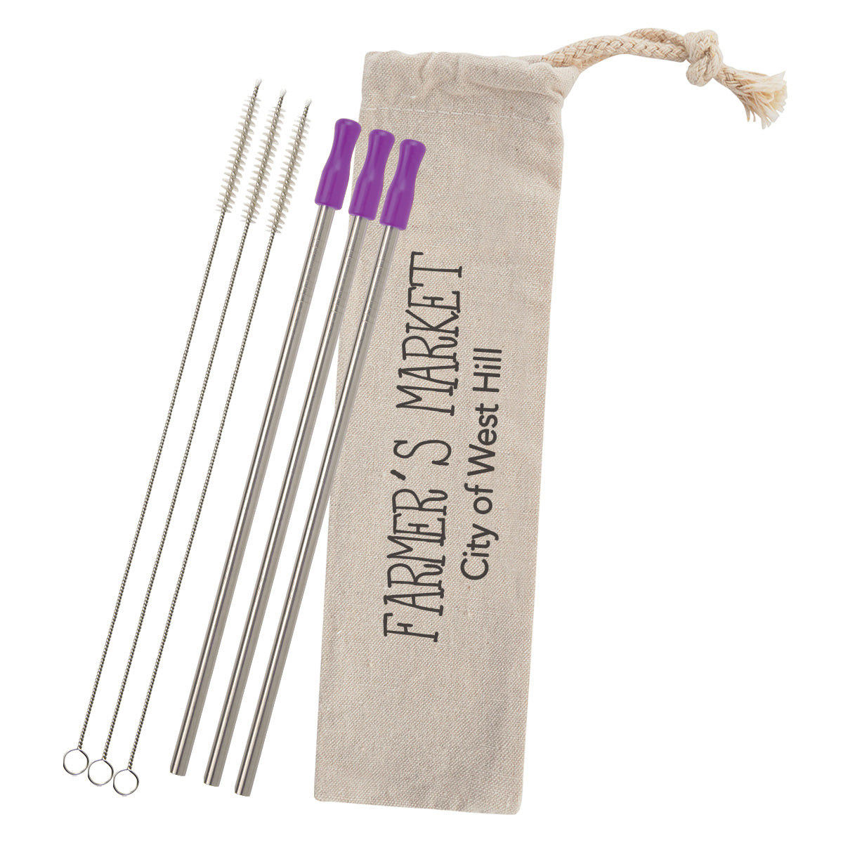 Stainless Steel Straw Kit with Cotton Pouch, Three Pack - Purple - Silk Screen