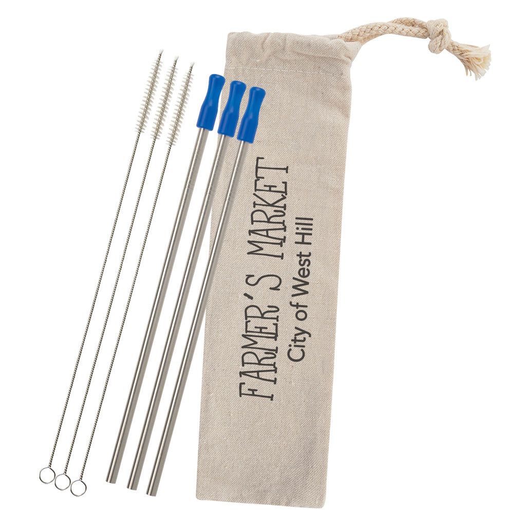Stainless Steel Straw Kit with Cotton Pouch, Three Pack - Royal Blue - Silk Screen