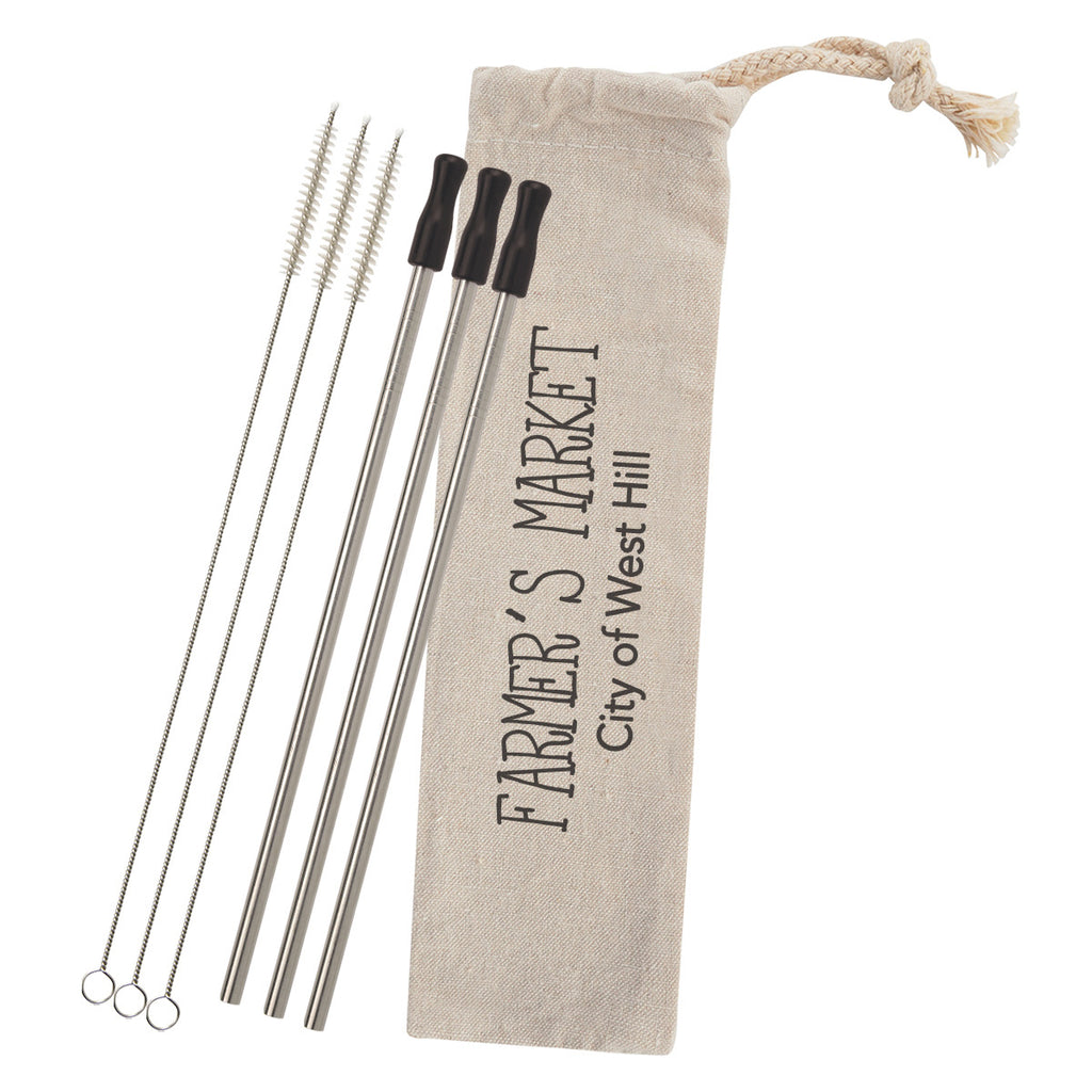 Stainless Steel Straw Kit with Cotton Pouch, Three Pack - Silk Screen