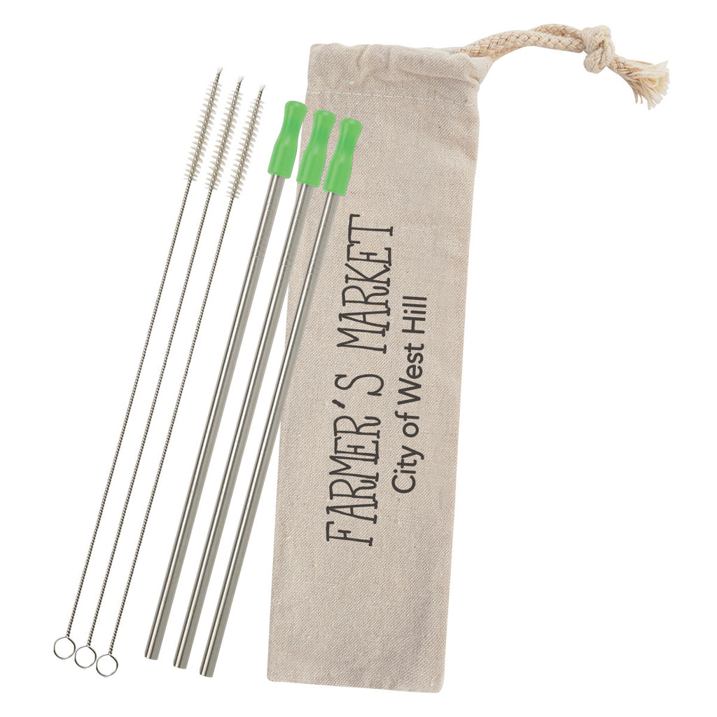 Stainless Steel Straw Kit with Cotton Pouch, Three Pack - Silk Screen