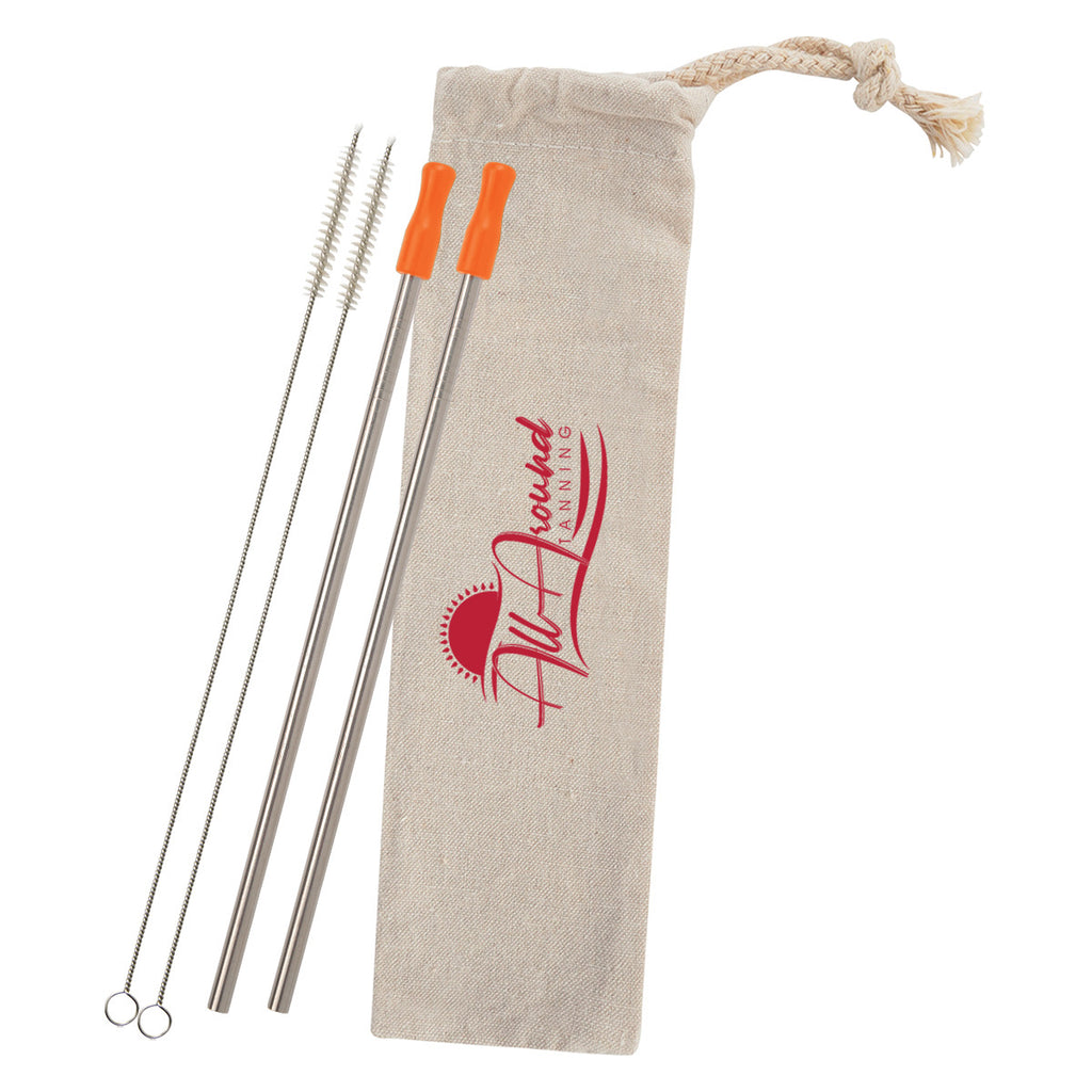 Stainless Steel Straw Kit with Cotton Pouch, Two Pack - Orange - Silk Screen