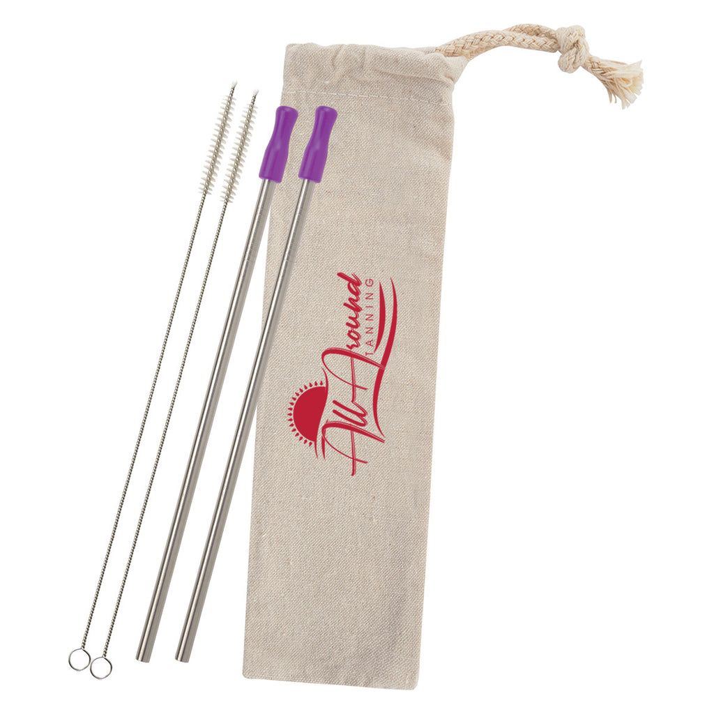 Stainless Steel Straw Kit with Cotton Pouch, Two Pack - Purple - Silk Screen