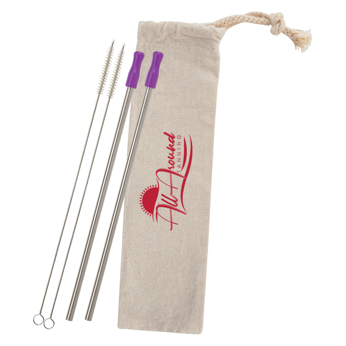 Stainless Steel Straw Kit with Cotton Pouch, Two Pack - Purple - Silk Screen