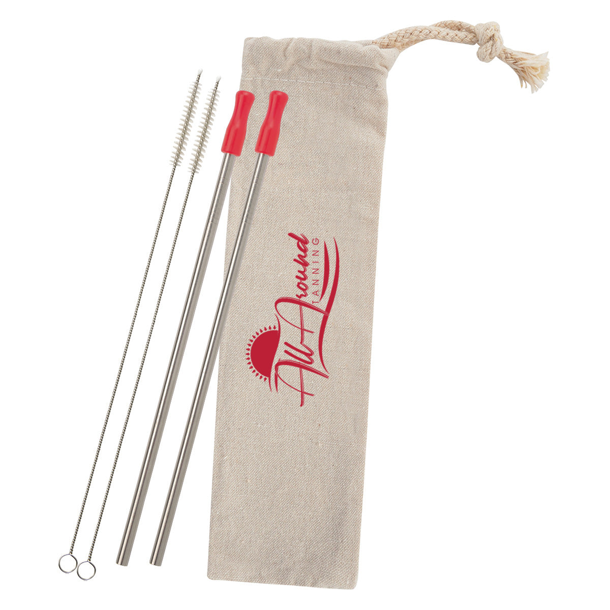 Stainless Steel Straw Kit with Cotton Pouch, Two Pack - Red Silicone Tip - Silk Screen