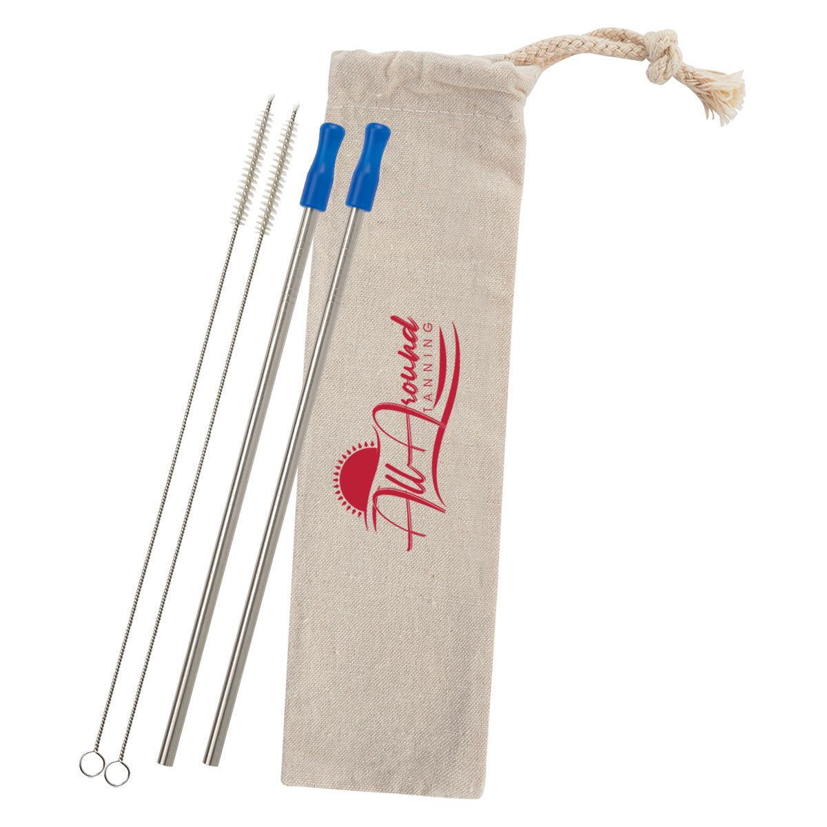 Stainless Steel Straw Kit with Cotton Pouch, Two Pack - Royal Blue - Silk Screen