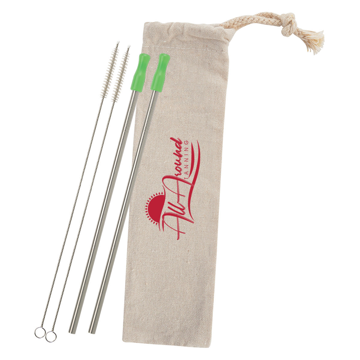 Stainless Steel Straw Kit with Cotton Pouch, Two Pack - Silk Screen