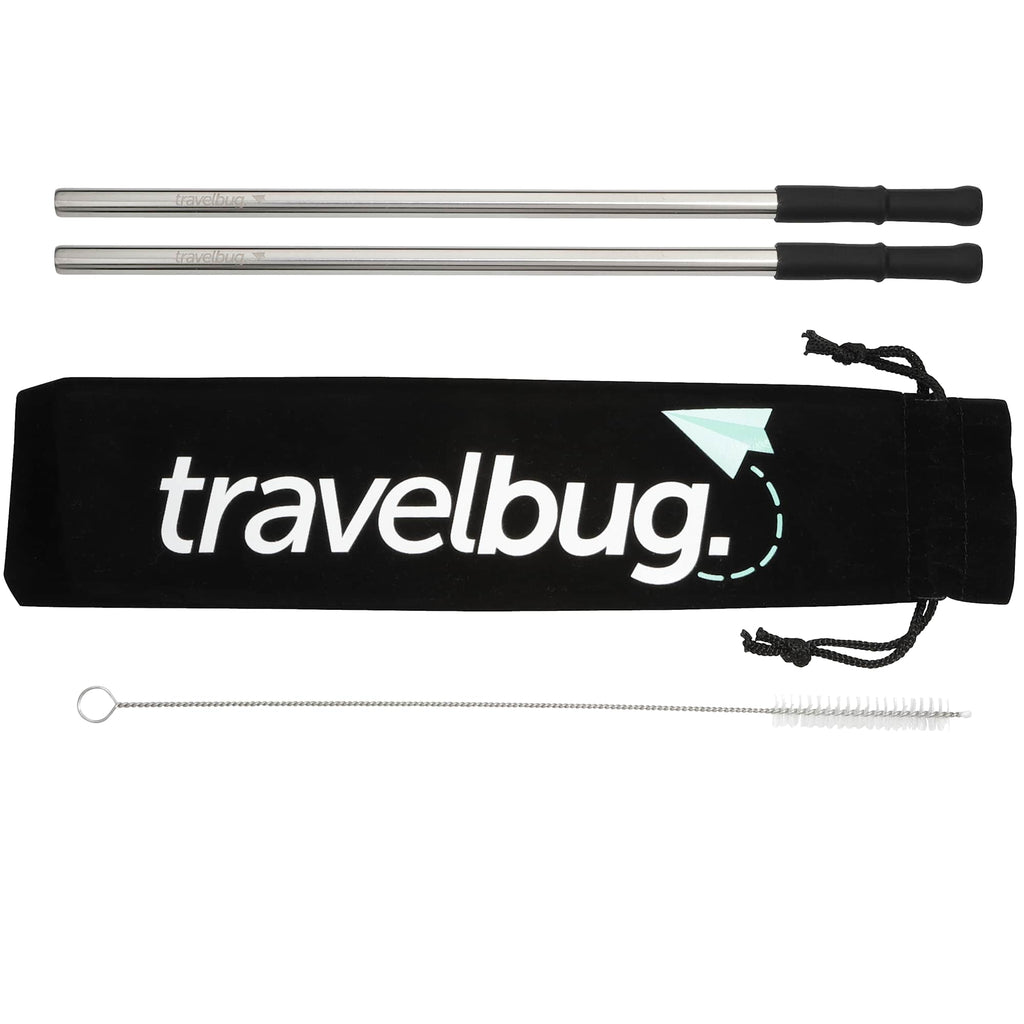 Stainless Steel Straw Set with Brush and Pouch Laser Engraving - Silver - Front
