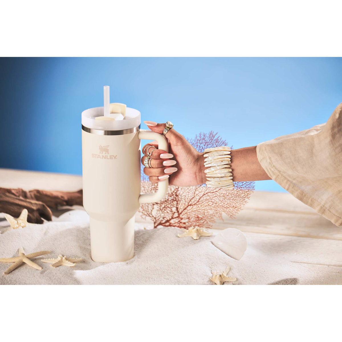 Stanley Quencher H2.0 FlowState Tumbler, 40 oz - Cream - Front Lifestyle