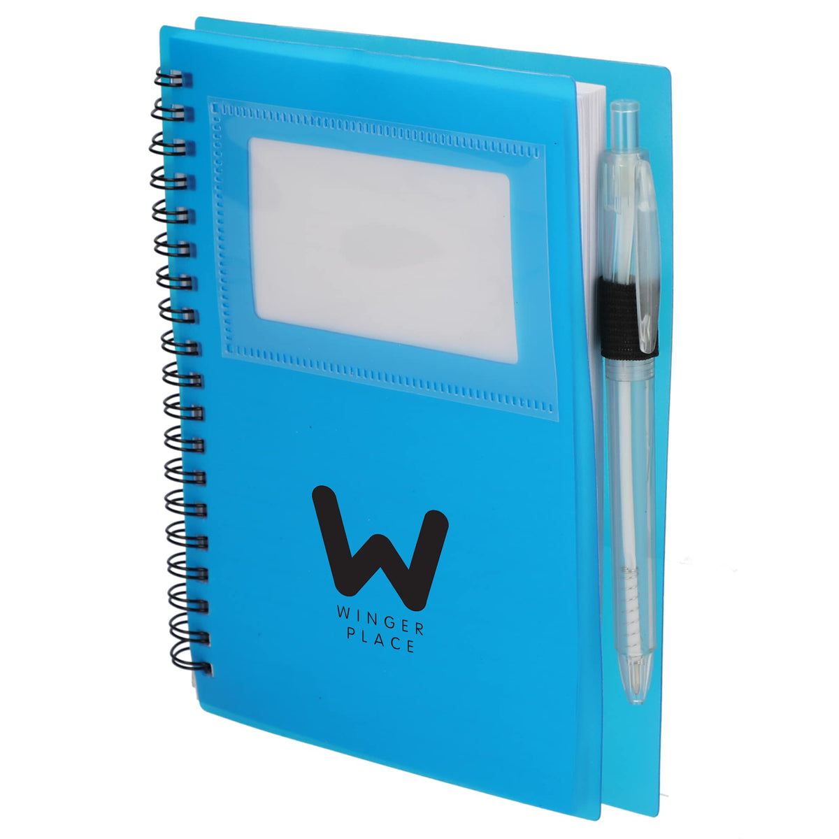 Star Spiral Notebook with Card Pocket and Pen, 5 x 7 Inches - Translucent Blue - Left Angle