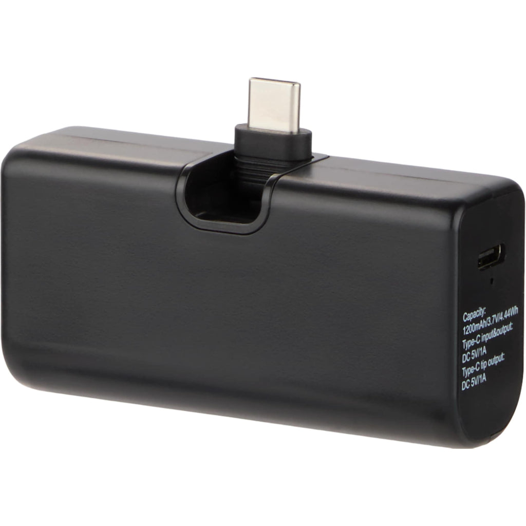 Stay Powered Mini Power Bank with USB-C Tip, 1,200 mAh Full Color - Black - Back Left Angle