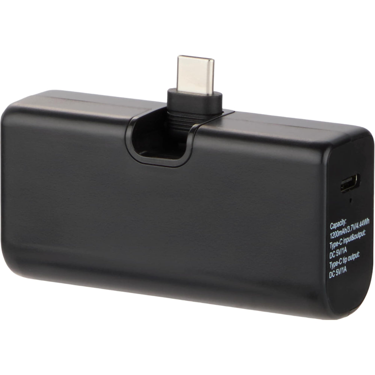 Stay Powered Mini Power Bank with USB-C Tip, 1,200 mAh Full Color - Black - Back Left Angle