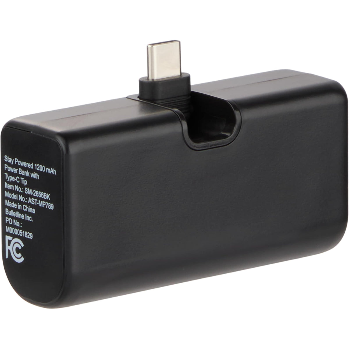 Stay Powered Mini Power Bank with USB-C Tip, 1,200 mAh Full Color - Black - Back Right Angle