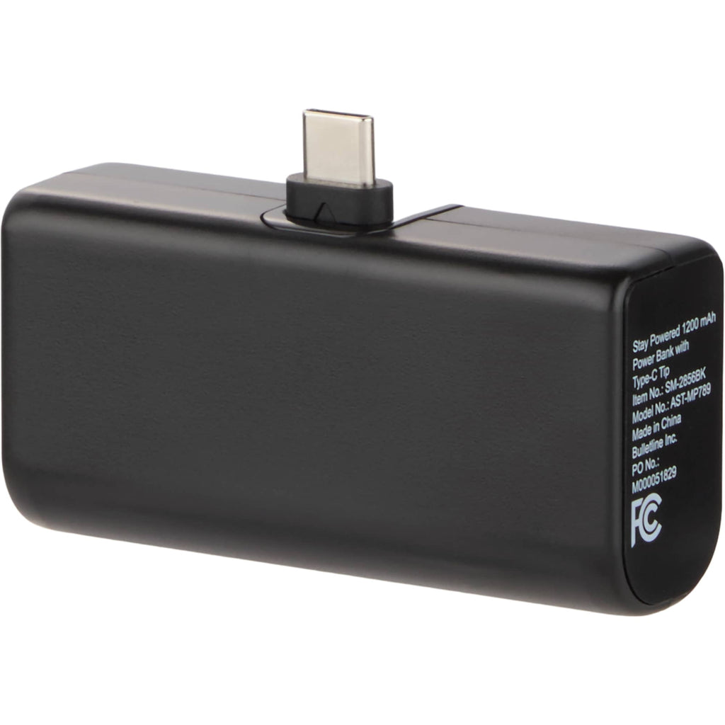 Stay Powered Mini Power Bank with USB-C Tip, 1,200 mAh Full Color - Black - Front Left Angle