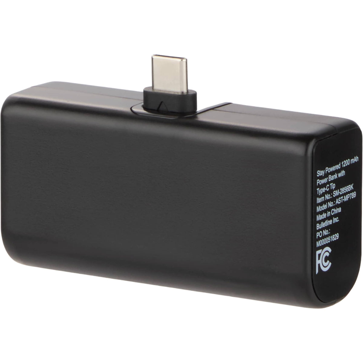 Stay Powered Mini Power Bank with USB-C Tip, 1,200 mAh Full Color - Black - Front Left Angle