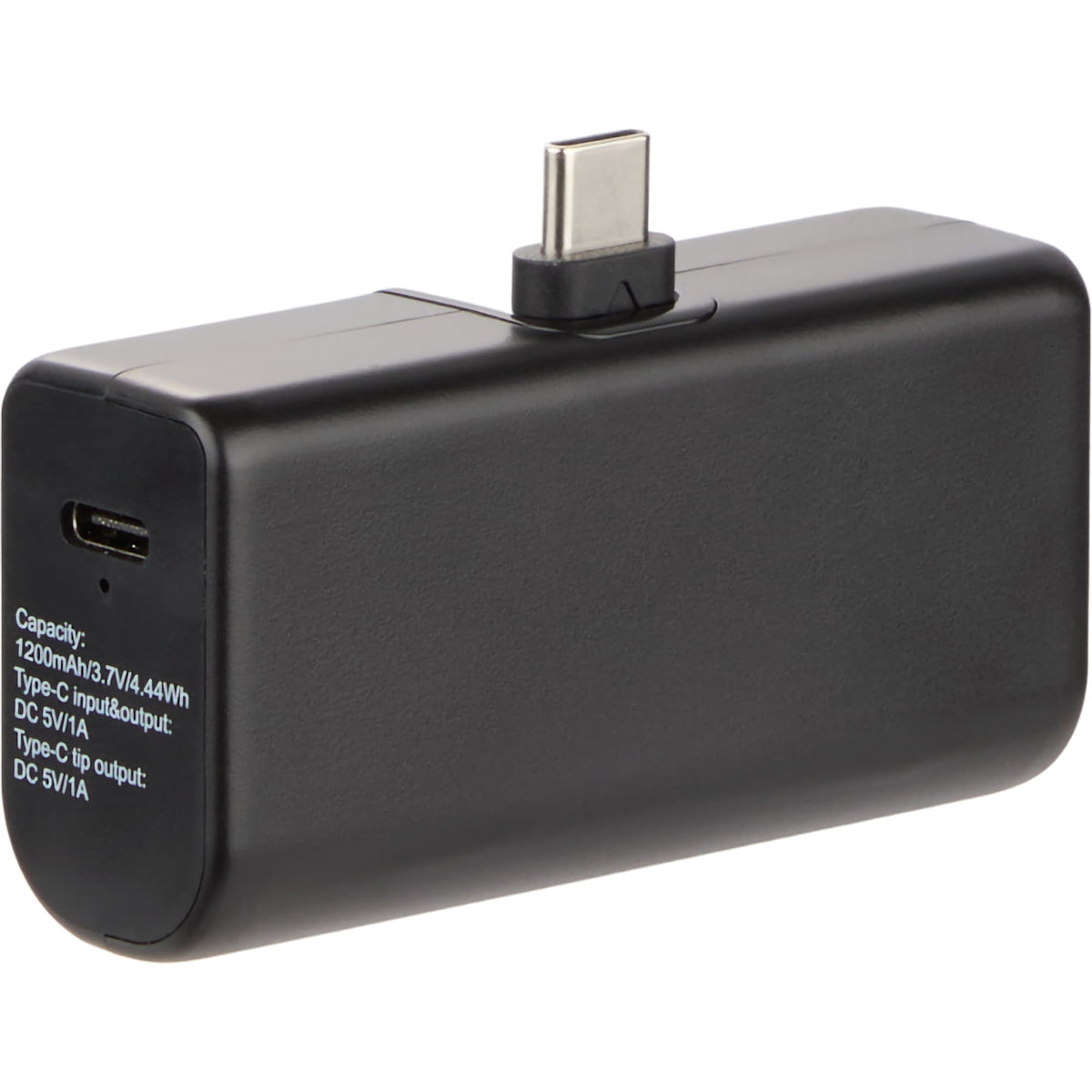 Stay Powered Mini Power Bank with USB-C Tip, 1,200 mAh Full Color - Black - Front Right Angle