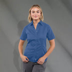 Stirling Short Sleeve Work Shirt in Poly Cotton Twill for Women Embroidery - Blue - Front On Model