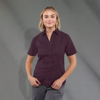 Stirling Short Sleeve Work Shirt in Poly Cotton Twill for Women Embroidery - Dark Plum - Front On Model