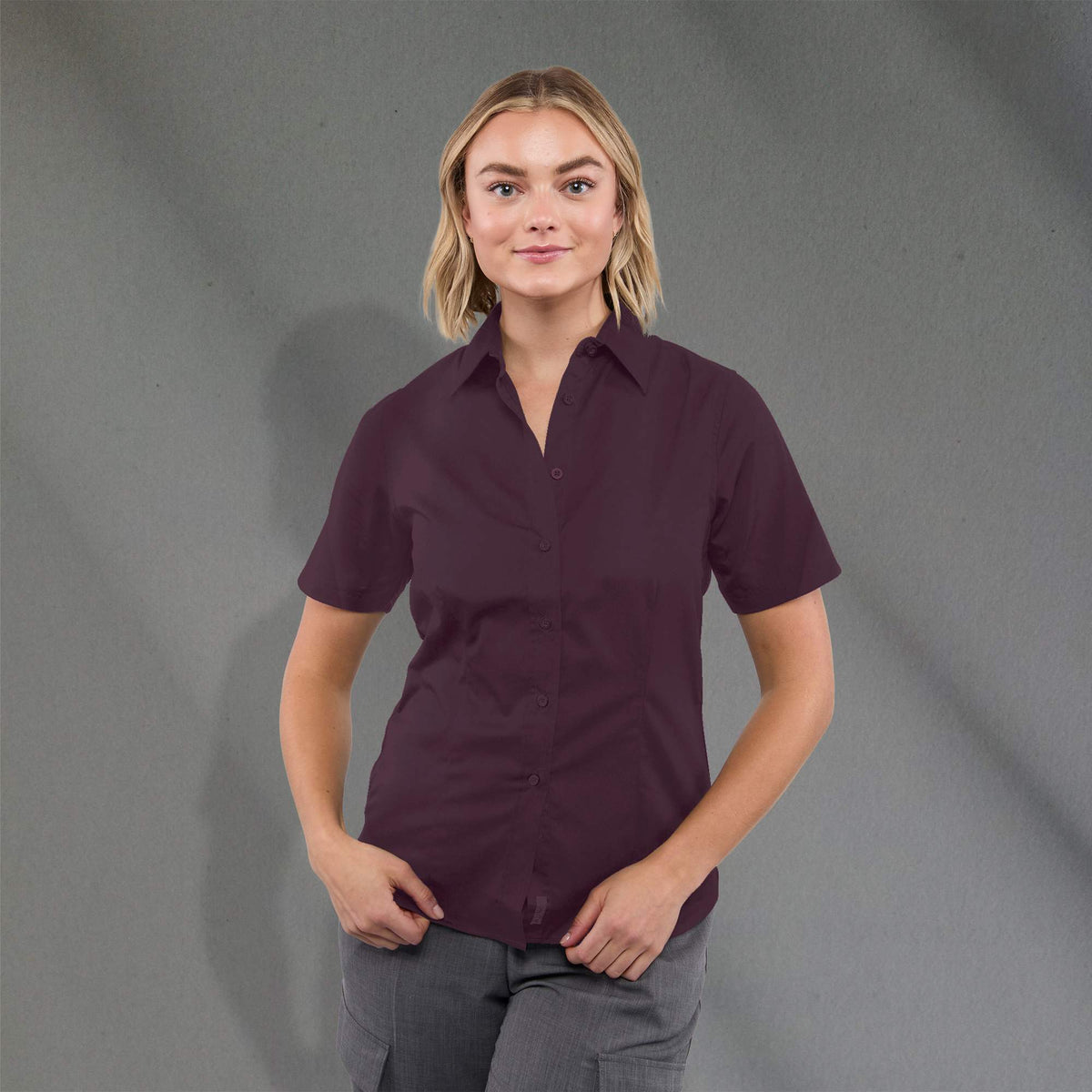 Stirling Short Sleeve Work Shirt in Poly Cotton Twill for Women Embroidery - Dark Plum - Front On Model