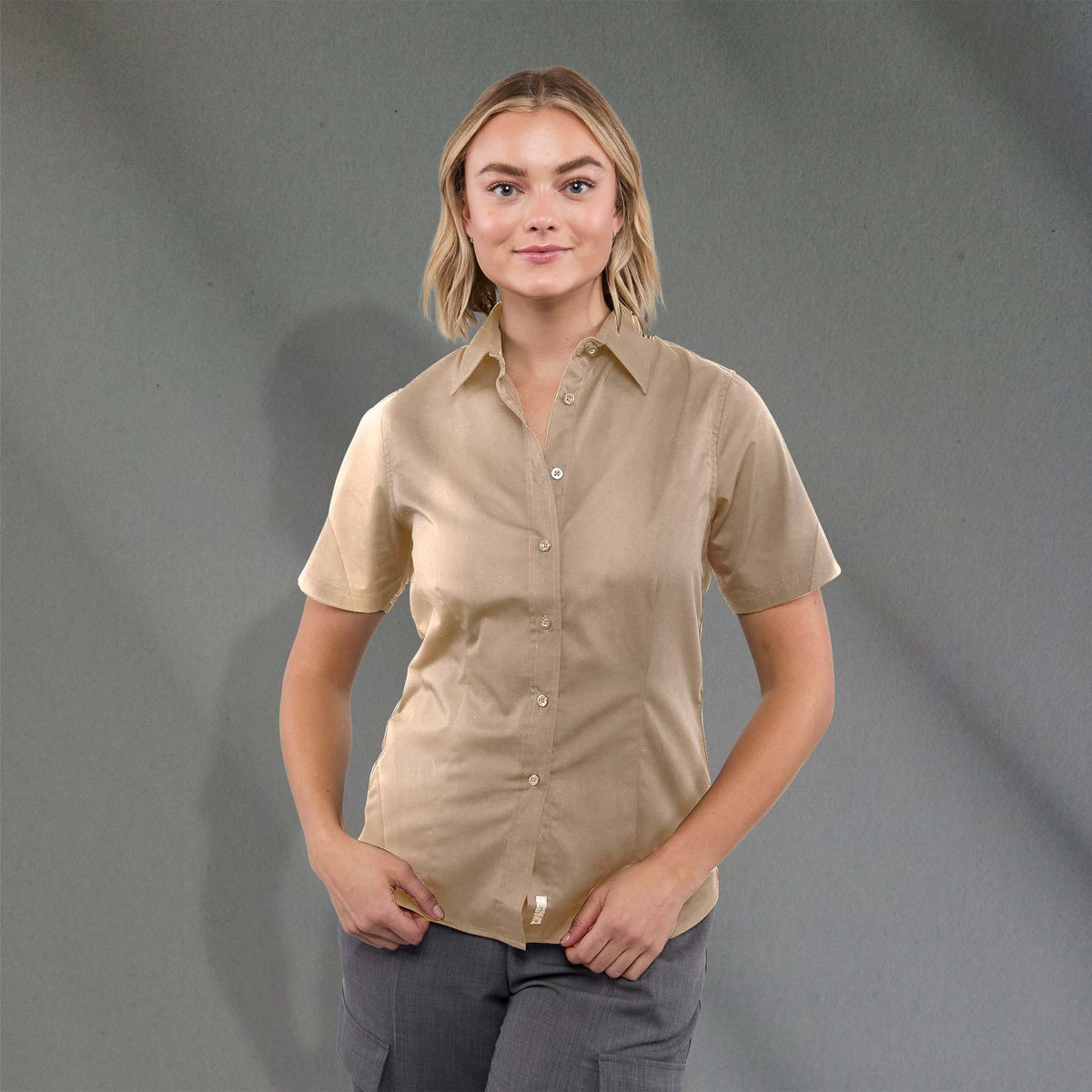 Stirling Short Sleeve Work Shirt in Poly Cotton Twill for Women Embroidery - Desert Khaki - Front On Model