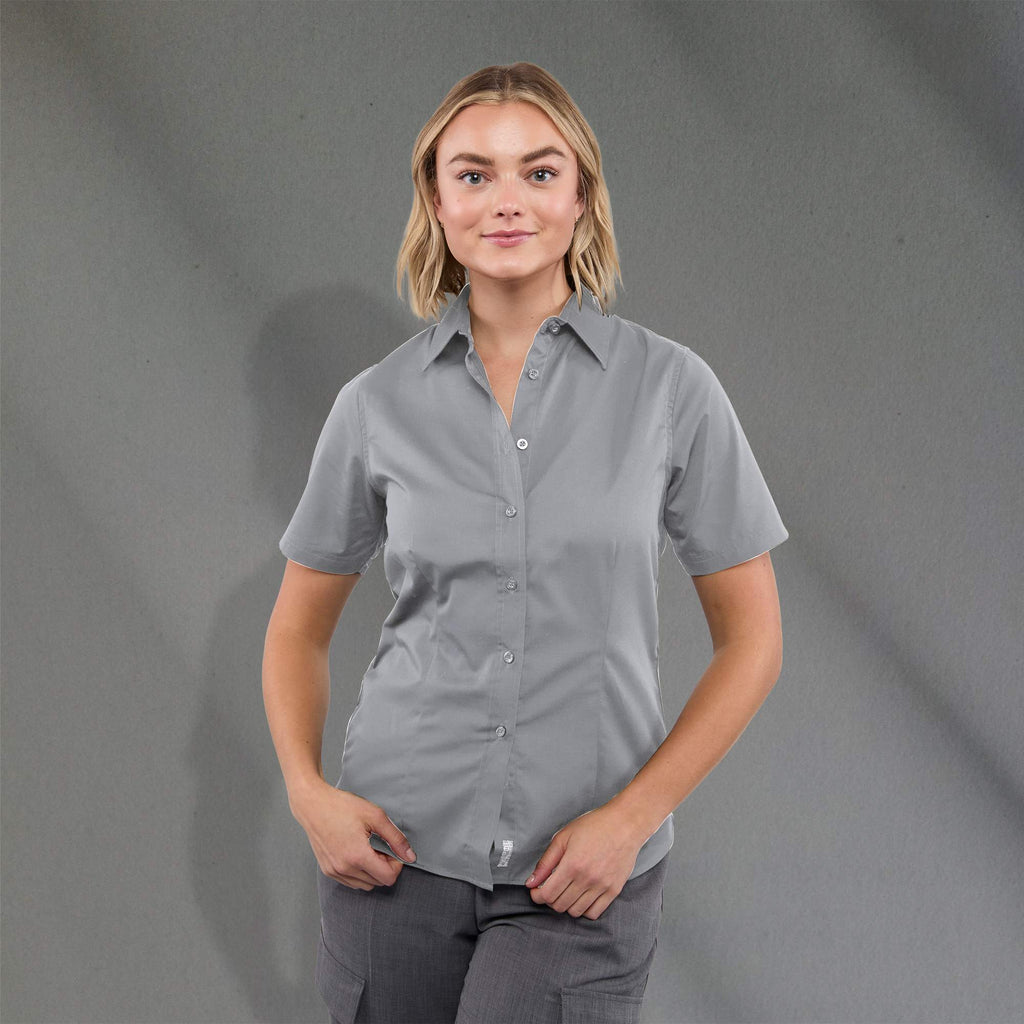 Stirling Short Sleeve Work Shirt in Poly Cotton Twill for Women Embroidery - Grey - Front On Model