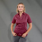 Stirling Short Sleeve Work Shirt in Poly Cotton Twill for Women Embroidery - Maroon - Front On Model