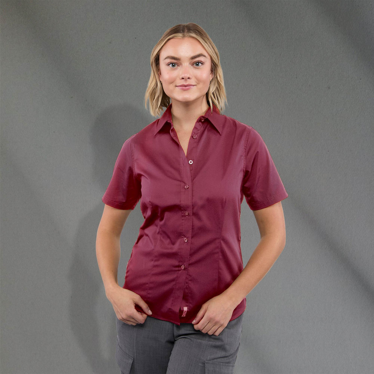 Stirling Short Sleeve Work Shirt in Poly Cotton Twill for Women Embroidery - Maroon - Front On Model