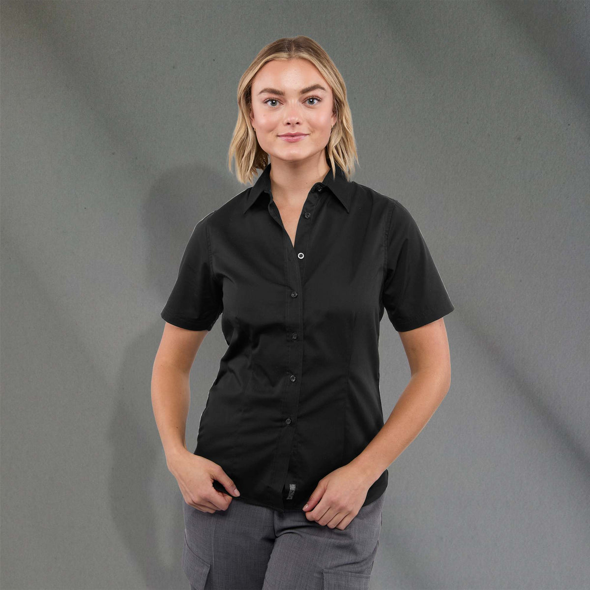 Stirling Short Sleeve Work Shirt in Poly Cotton Twill for Women Transfer - Black - Front On Model