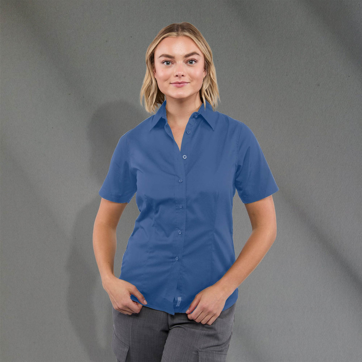 Stirling Short Sleeve Work Shirt in Poly Cotton Twill for Women Transfer - Blue - Front On Model