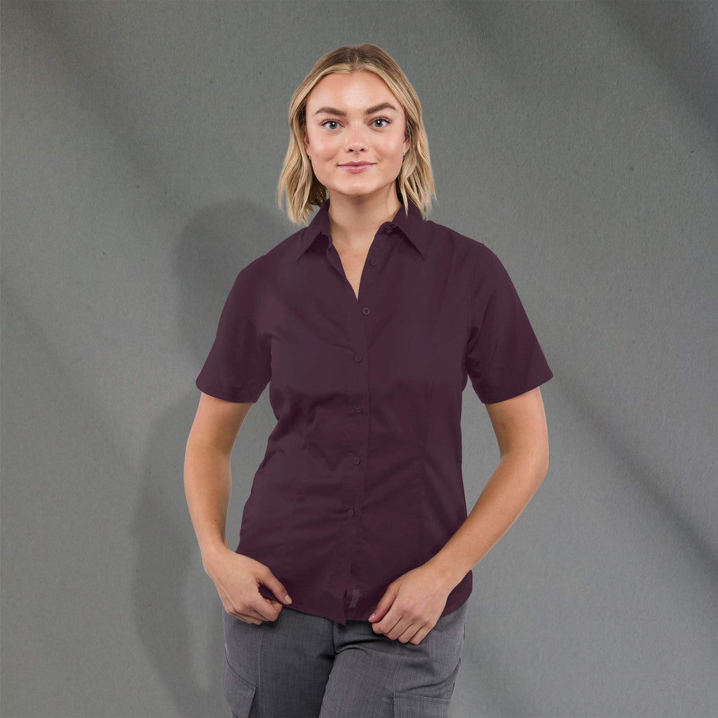 Stirling Short Sleeve Work Shirt in Poly Cotton Twill for Women Transfer - Dark Plum - Front On Model
